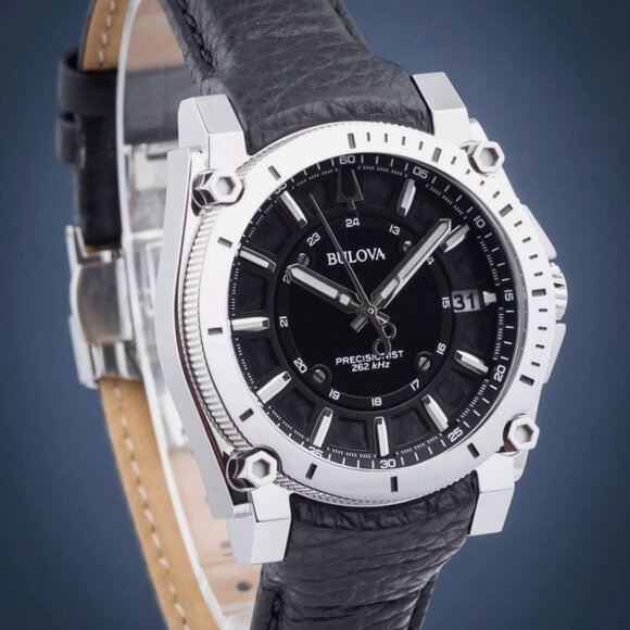 New Bulova Precisionist 40mmSapphire Black Dial Leather Band Men's Watch - Picture 1 of 6